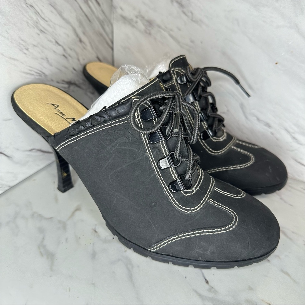 Anne Michelle Heeled Mule Boots - Lace-Up Closure - Black - Size 7.5